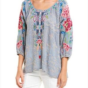 Johnny Was Trista Blouse with Gorgeous Floral Embroidered Sleeves